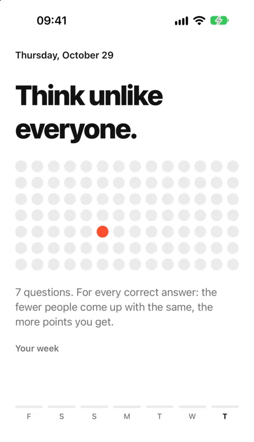Rarely start screen: “Think unlike everyone.” above a field of grey dots with one orange dot, and a button to start today’s round